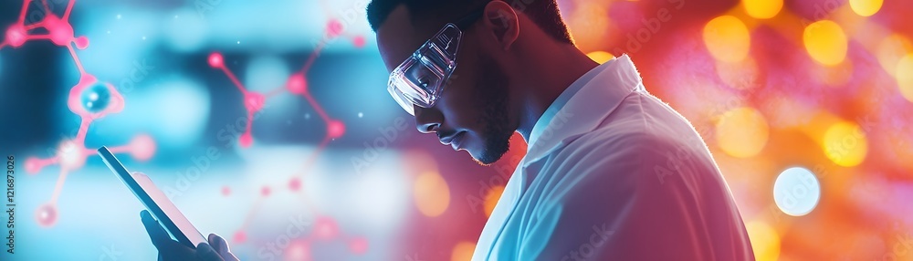 Poster a focused scientist in a lab coat examines data on a digital device, surrounded by vibrant, abstract