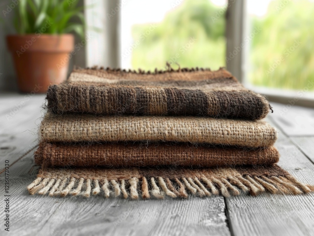 Poster thick handwoven wool rugs in cream and brown tones are neatly stacked beside window illuminating the