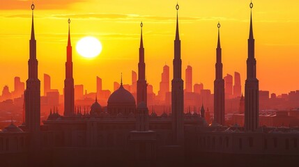 Obraz premium Sunset Mosque Cityscape Silhouette, Golden Hour