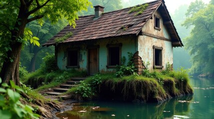 Secluded Rustic Cottage on a Tranquil Lake, Overgrown with Lush Greenery and Surrounded by a Misty Forest