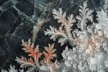 Intricate patterns of frost on dark stone surface in winter