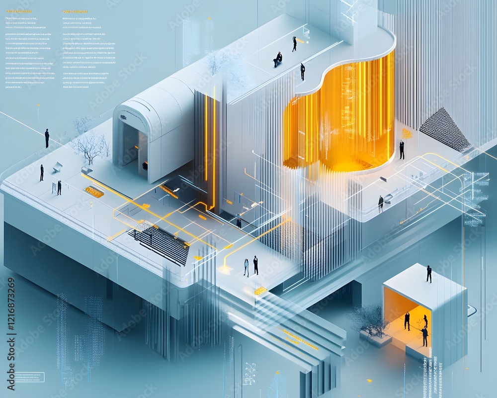 Poster a futuristic digital environment featuring complex structures and luminous elements. this illustrati
