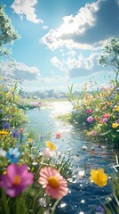 Spring blue sky grass flowers poster background