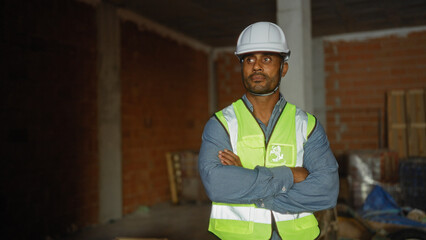 Young african american man at a construction site wearing a safety vest and helmet, exuding...