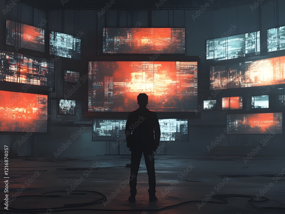Poster a lone figure stands in a dimly lit room surrounded by multiple screens displaying intricate data vi