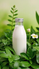 Milk bottle amidst lush greenery signifies an eco-conscious organic theme soft pastel colors