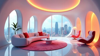 Modern apartment living room with panoramic city view, curved sofa and armchairs, illuminated by warm indirect lighting, and a plush pink rug