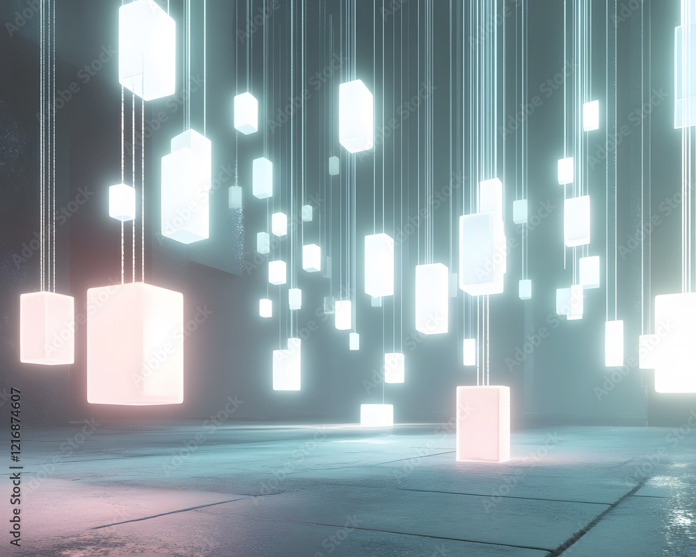 Poster a mesmerizing setting featuring floating illuminated cubes in various sizes, casting a soft glow in 