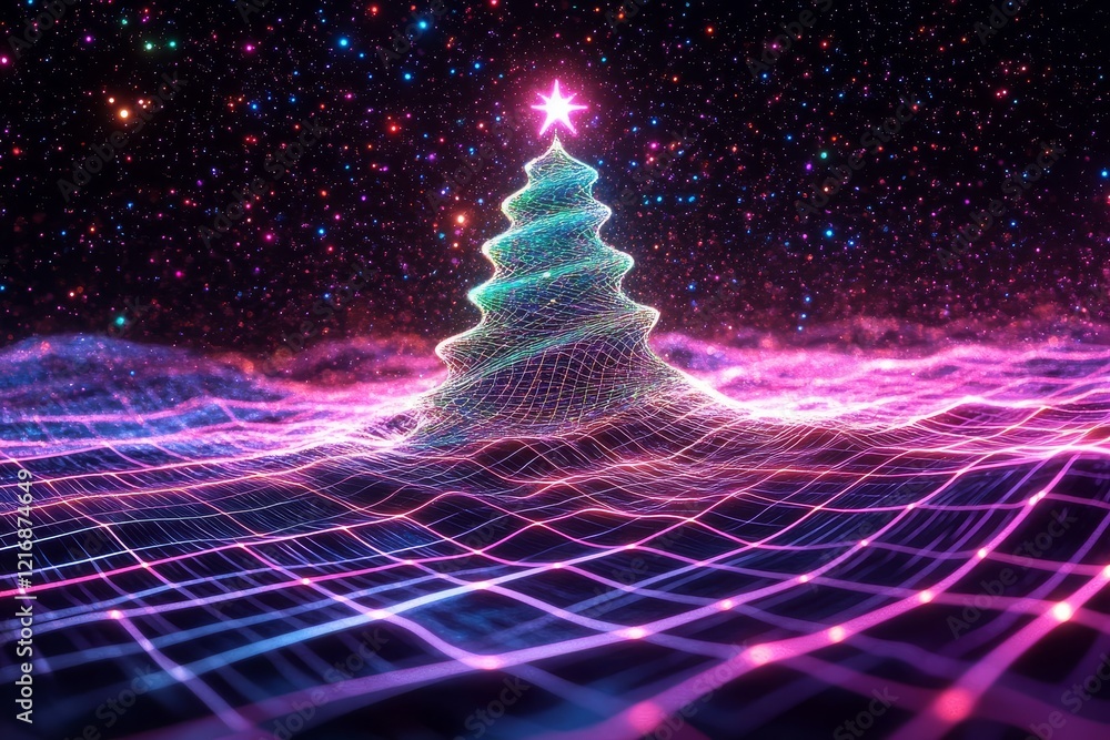 Poster elements of retro wave and deep space surfaces blend seamlessly.