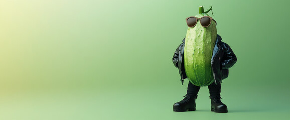Fototapeta premium Cool Cucumber Character with Sunglasses and Leather Jacket on Green Background