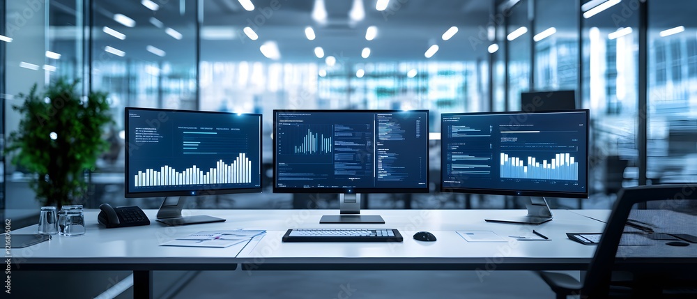 Poster a modern office workspace featuring multiple computer monitors displaying analytical data. the envir