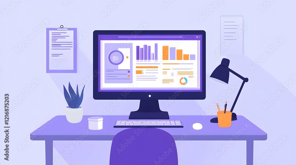 Poster a modern workspace featuring a computer display with colorful graphs and statistics. a stylish desk 