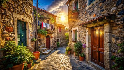 Fototapeta premium Charming Traditional House, Cobblestone Alley, Mesotopos Village, Lesbos, Greece