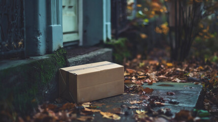 Fototapeta premium Cozy Autumn Delivery of a Brown Box on a Leaf Covered Doorstep in a Quiet Neighborhood