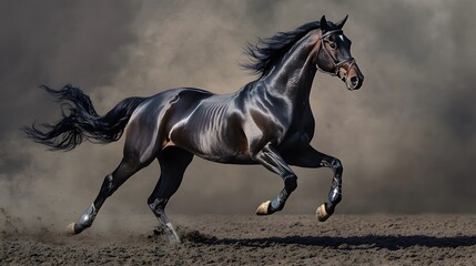 Obraz premium A powerful black horse gallops through a dusty environment, showcasing its strength and beauty. The dynamic motion captures the essence of freedom and grace in nature.