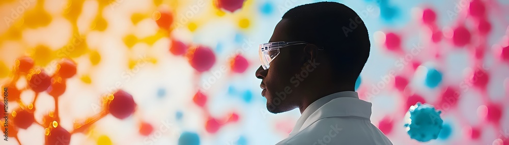 Aufkleber a scientist in a lab coat observes colorful molecular structures, showcasing the intersection of res