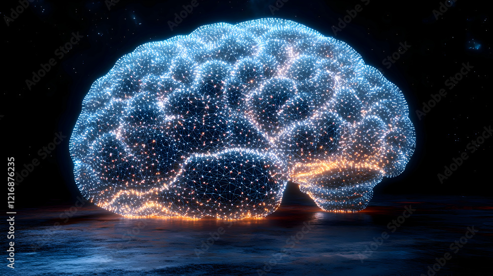 Poster glowing human brain neural network: abstract 3d rendering of connections and intelligence