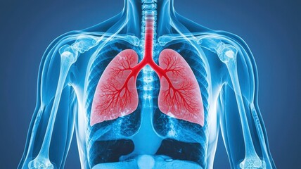 Human respiratory system illustration showcasing lungs and bronchi in a vibrant blue and red design. PM2.5