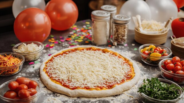 A dynamic overhead shot of a pizza-making station during a National Pizza Day celebration, featuring fresh dough rolled out with a golden crust forming, colorful toppings like shredded cheese, sliced - Powered by Adobe