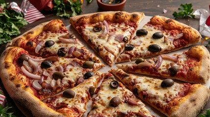 A beautifully arranged flat-lay of pizzas featuring a mix of thin and thick crusts, each topped with unique and colorful ingredients like olives, onions, bell peppers, and extra cheese, the melted
