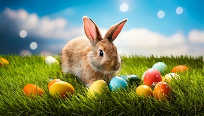 A cute bunny sits amidst vibrant Easter eggs in a lush green field, illuminated by the bright sun. The cheerful atmosphere reflects the joy of spring celebrations