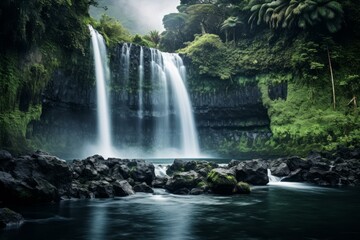 Fototapeta premium Serene waterfall flowing into a calm pool surrounded by lush green rainforest vegetation, creating a tranquil and picturesque natural landscape