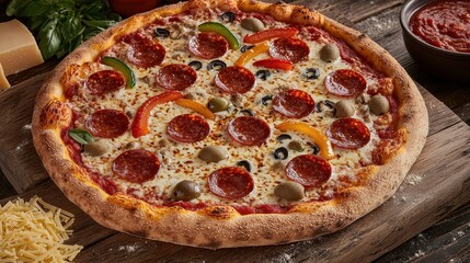 A delicious pizza fresh out of the oven, loaded with gooey, melted cheese and a variety of colorful toppings, including pepperoni, bell peppers, and olives, perfect for celebrating National Pizza