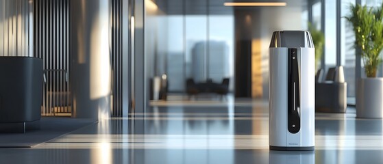 A sleek, modern air purifier stands prominently in a spacious, contemporary office environment filled with natural light and greenery, promoting a clean and healthy workspace.