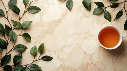 Overhead view of a cup of tea surrounded by green leaves on a marble surface.