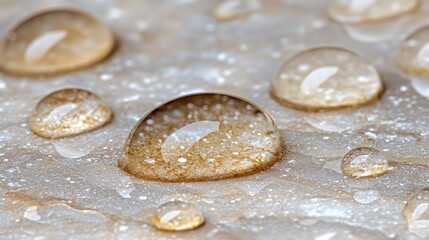 Water drops beading on a textured stone surface, close-up