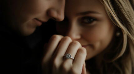 Intimate Portrait of a Smiling Couple Celebrating Love with Engagement Rings in Soft Lighting