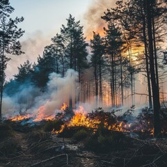 Raging Wildfire Consumes Forest, Sending Smoke Billowing in Sunset Sky, Air Pollution