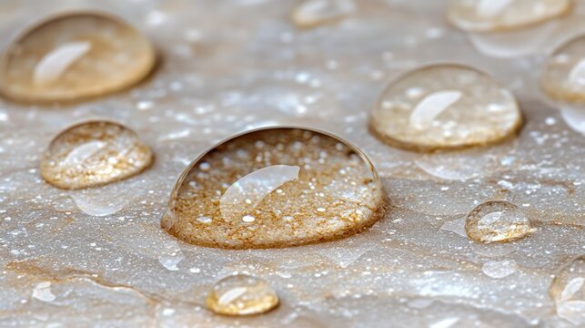 Water drops beading on a textured stone surface, close-up