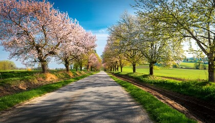Obraz premium Scenic Spring Road – Tree-Lined Path with Fresh Green Foliage and Blooming Countryside Landscape