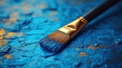 Fototapeta premium Blue paintbrush on textured canvas, gold accents