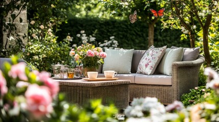 Fototapeta premium Cozy Outdoor Lounge with Flowers and Butterflies in Sunny Garden