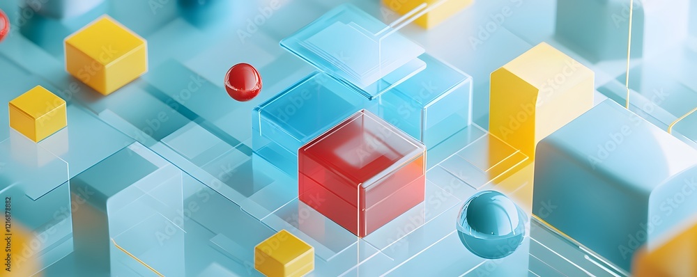 Poster a vibrant abstract depiction of colored cubes and spheres intertwined in a modern design, showcasing