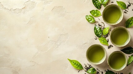 Overhead view of several small bowls of green tea with loose leaf tea and fresh leaves on a beige background.