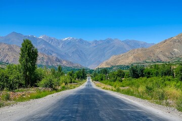 Fototapeta premium An empty road leading to a mountain range under a clear blue sky, with vibrant greenery on both sides.
