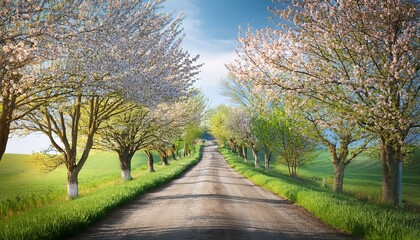 Scenic Spring Road – Tree-Lined Path with Fresh Green Foliage and Blooming Countryside Landscape