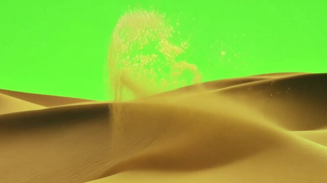 A green screen over a desert landscape with sand dunes and blowing wind, ideal for adding visual effects and creating cinematic desert scenes for video projects.