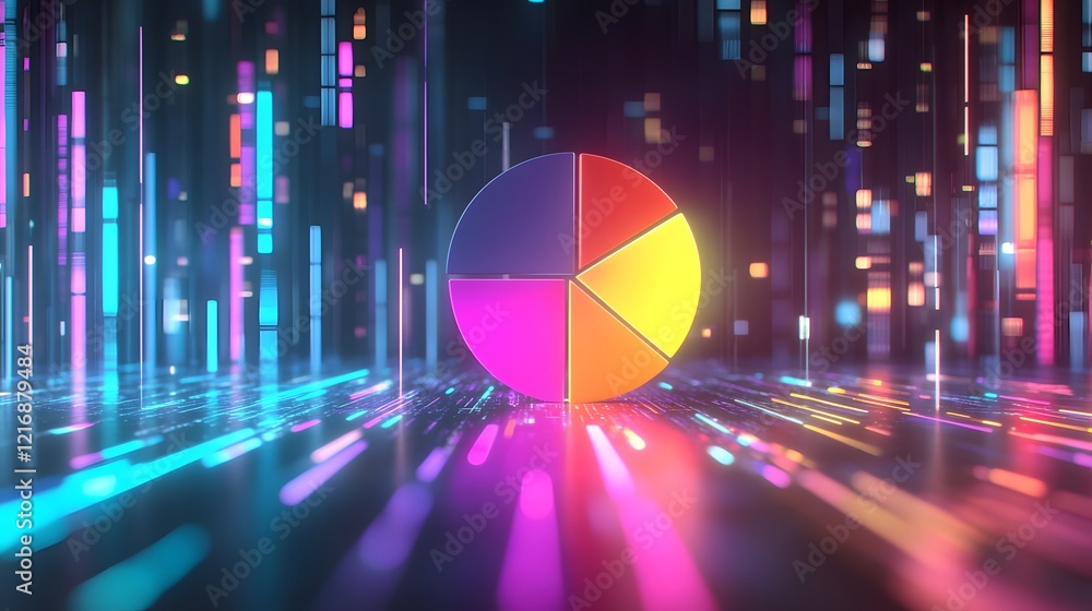 Poster a vibrant digital pie chart in vivid colors, set against a backdrop of glowing abstract lines and pa