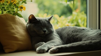 Cats enjoying relaxation in various settings. Different breeds resting on a windowsill, sofa, or in the garden. Emphasizing calmness and comfort. Ideal for pet lovers and lifestyle content.