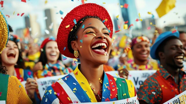 A dynamic image of people from different cultural backgrounds in a celebratory march, holding banners with messages of justice, equality, and patriotism, wearing colorful outfits symbolizing unity,