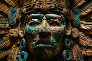 Fototapeta premium Ancient mayan sculpture depicting a god posing with a stone headdress