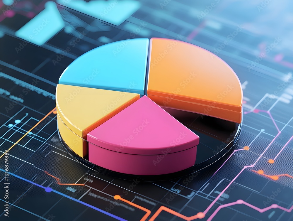 Poster a vibrant pie chart showcasing data analysis in a modern digital setting