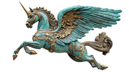 Fototapeta premium Majestic Mythical Winged Unicorn Sculpture in Vibrant Turquoise Color