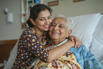 Woman hug mother, hospital and senior or smile, happy and rehabilitation and recovery from illness. Indian person, joy and positive for parent, successful surgery and health treatment of family