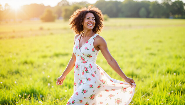 Joyful woman spinning in floral dress in sunny meadow, celebration of life