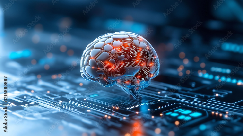 Poster cutting-edge ai research and development in advanced technology showcasing a digital brain connected